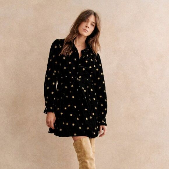 Sézane Orchidea Mini Dress Black Velvet Gold 34 - Picture 1 of 15
